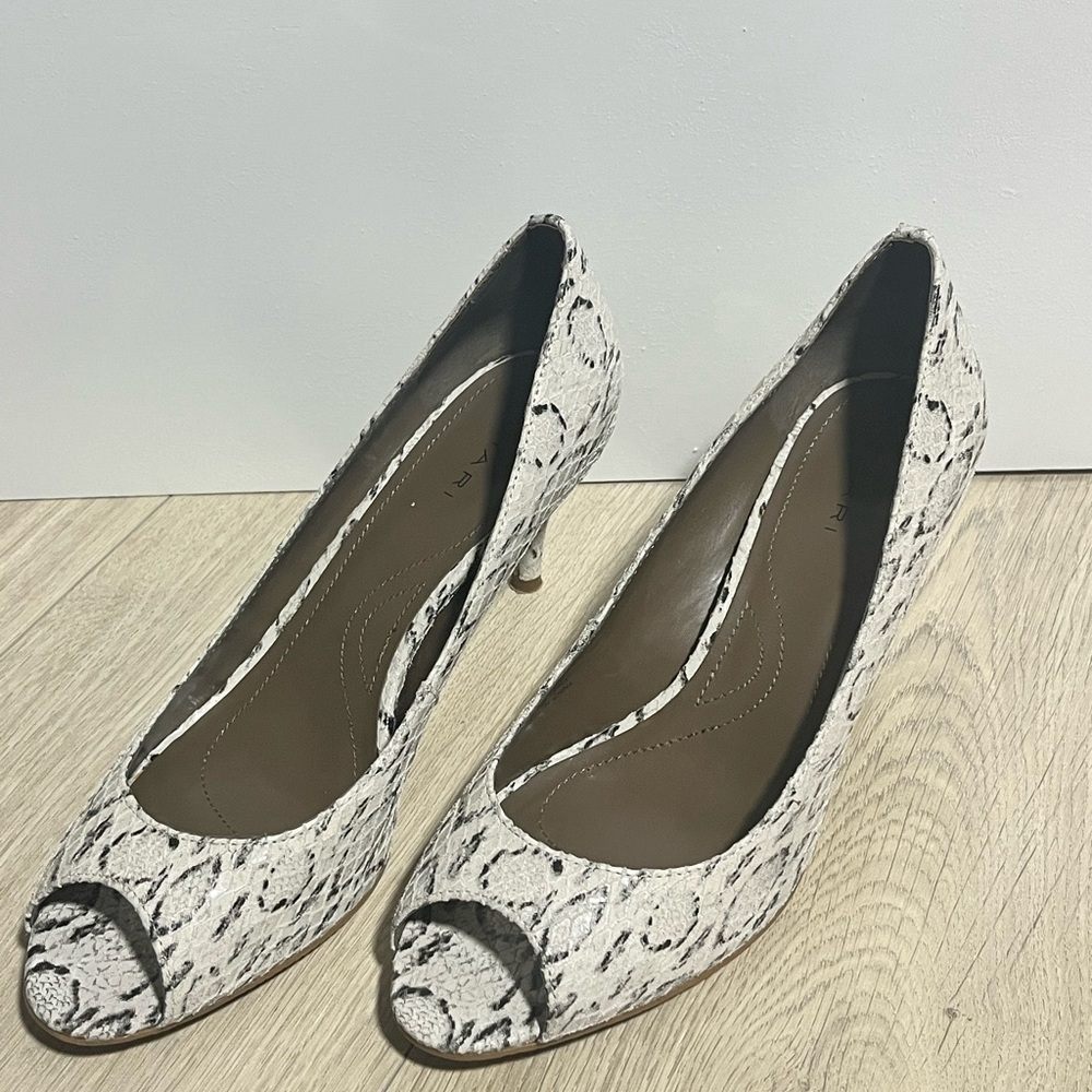 Tahari Black and White Patterned Peep-Toe Heels